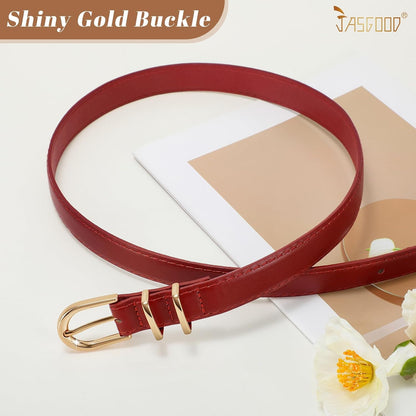 HOTJASGOOD Women Skinny Leather Belt for Jeans Pants Fashion Ladies Thin Belt for Dress with Gold Single Prong Buckle