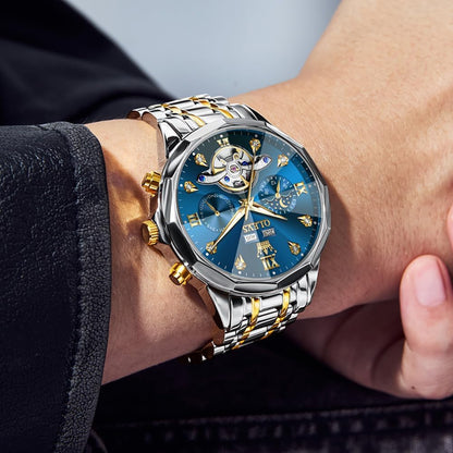 HOTOLEVS Skeleton Men Watches Automatic Business Luxury Diamond Self Winding Watch for Men Stainless Steel Calendar Wrist Watch
