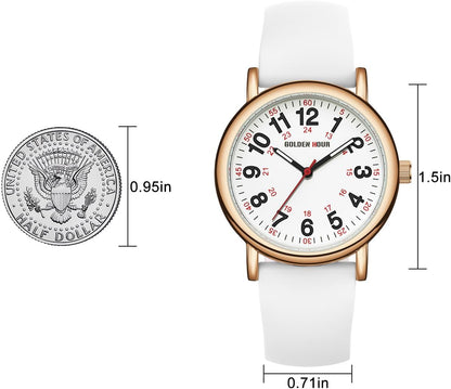 HOTGOLDEN HOUR Waterproof Nurse Watch for Medical Professionals, Students Women Men - Military Time Luminouse Easy Read Dial, 24 Hour with Second Hand, Colorful Silicone Band