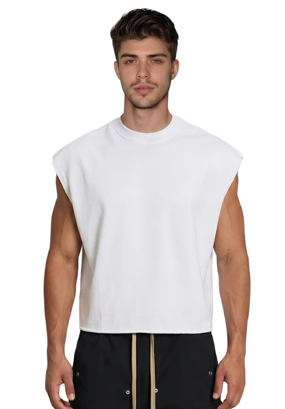 HOTMen's Cropped Tank Top Boxy Oversized for Bigger Frames, 320GSM Heavyweight French Terry Sleeveless Tee Raw Hem Streetwear