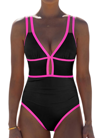 HOTpopvil Women One Piece Swimsuit 2026 Neon Tummy Control Bathing Suit | Tummy Ruched Design, Color Block, Cutout Design, Deep V Neck, Back tie,Adjustable Straps, Neon Trim,Vacation,Beach