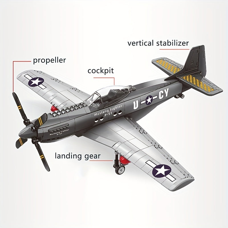 285pcs Military P-51 Mustang Fighter Building Blocks, Army Educational Bricks For Children, Birthday Toys, Christmas Gifts
