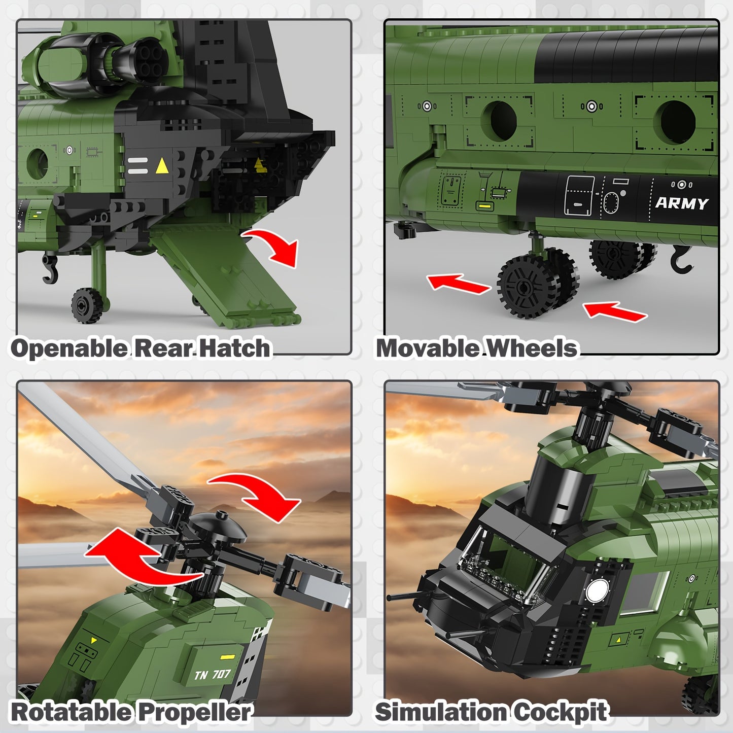 JMBricklayer CH-47 Helicopter Building Set, Military Helicopter Brick Aircraft Model Kit, Home Office Display Or Collectible
