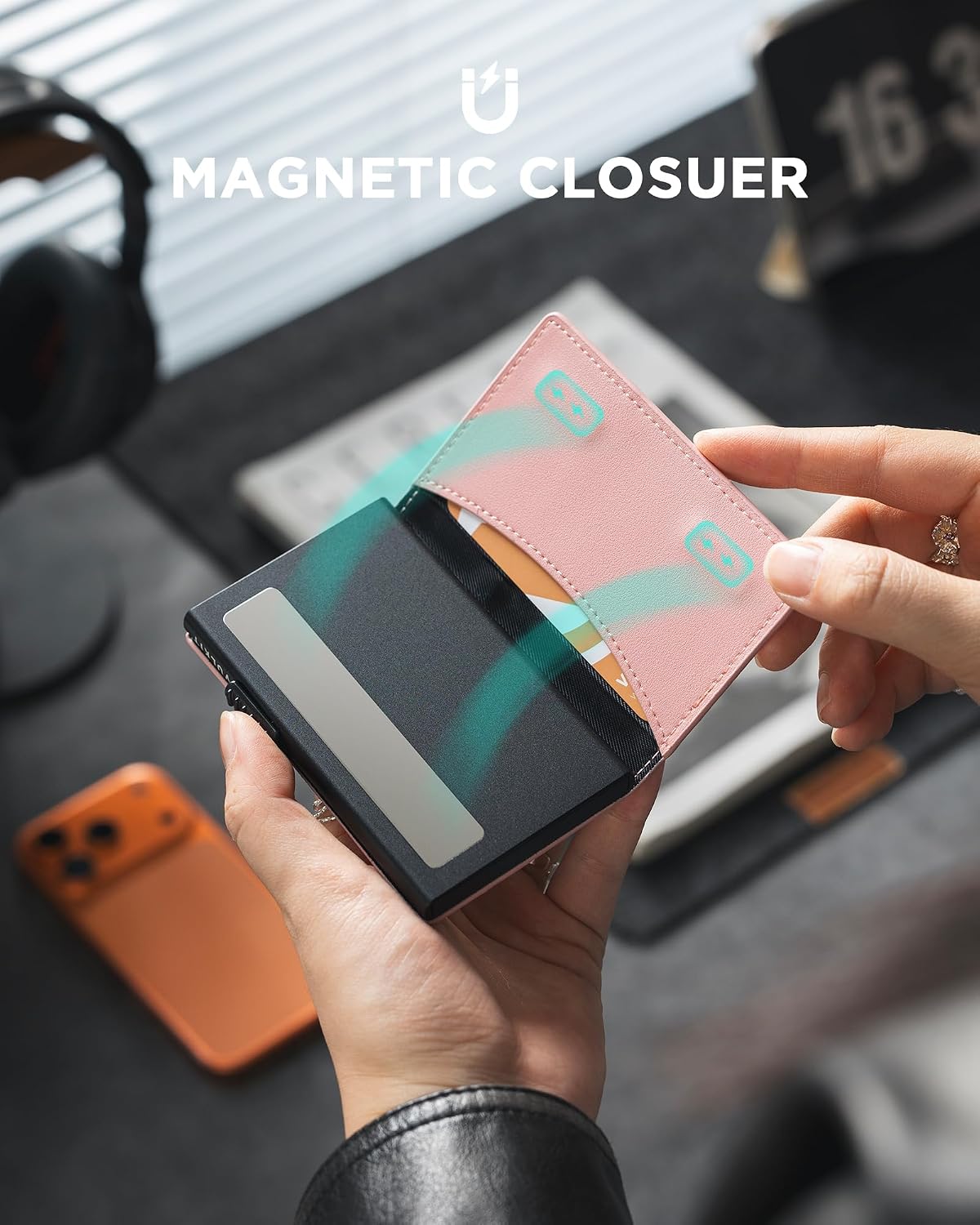 HOTVULKIT Card Holder for Women Slim Card Wallet Minimalist Bifold Credit Card Holder RFID Blocking Pop Up Metal Card Case Magnetic Closure, Stripe Pink