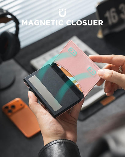 HOTVULKIT Card Holder for Women Slim Card Wallet Minimalist Bifold Credit Card Holder RFID Blocking Pop Up Metal Card Case Magnetic Closure, Stripe Pink