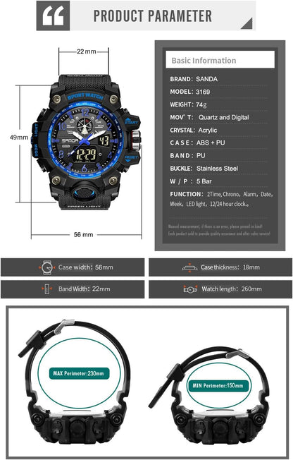HOTKXAITO Men's Watches Sports Outdoor Waterproof Military Wrist Watch Date Multi Function Tactics LED Alarm Stopwatch