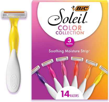 HOTBIC Soleil 3 Colors Women's Disposable 3-Blade Razors, Aloe Vera Strip, College Dorm Room Essential, Shower Caddy and Toiletry Bag Ready, 14-Pack