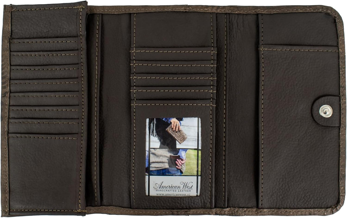 HOTAmerican West Hand Tooled Handcrafted 100% Genuine Leather Tri-Fold Wallet for Women | Credit Card Slots Cash Pocket and Clear ID Holder | Western (Dark Brown)
