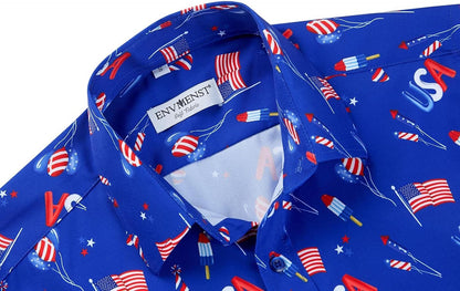HOTENVMENST Men's American Flag Button Down Shirts Casual Short Sleeve Patriotic Hawaiian Shirt