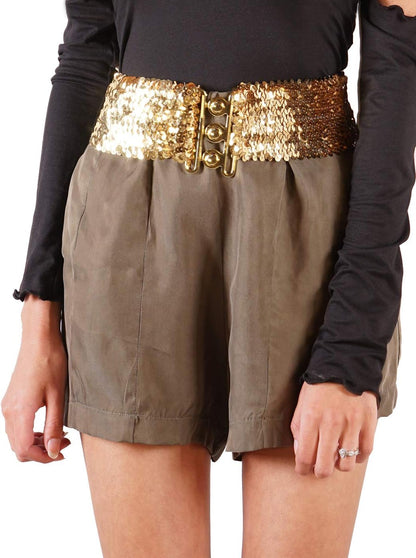 HOTAnna-Kaci Women's Sparkly Glitter Sequin Wide Stretch Elastic Belt Accessory