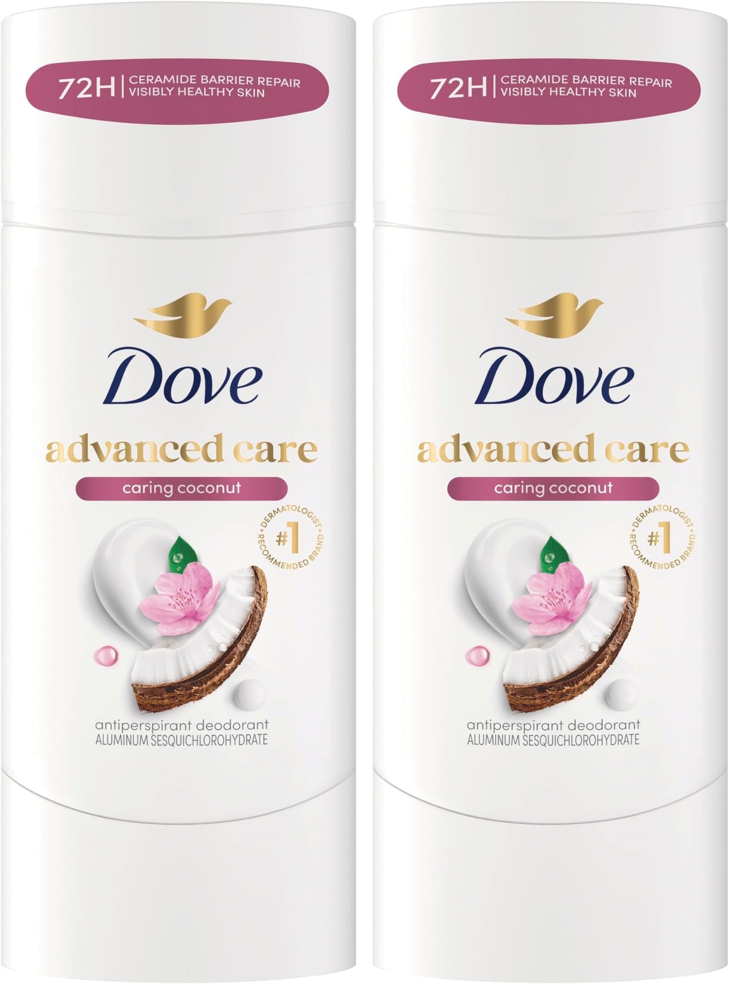 HOTDove Advanced Care Antiperspirant Caring Coconut, 2 Count Deodorant Stick for Women, for 48 Hour Protection And Soft And Comfortable Underarms, 2.6 oz