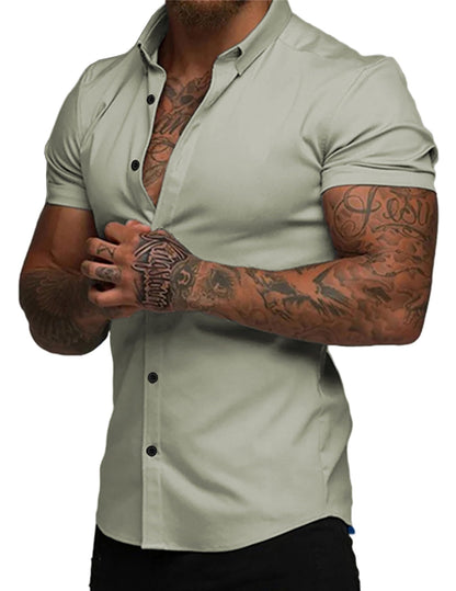 HOTJMIERR Men's Muscle Fit High Stretch Wrinkle-Free Button Down Dress Shirts Summer Casual Short Sleeve Shirt
