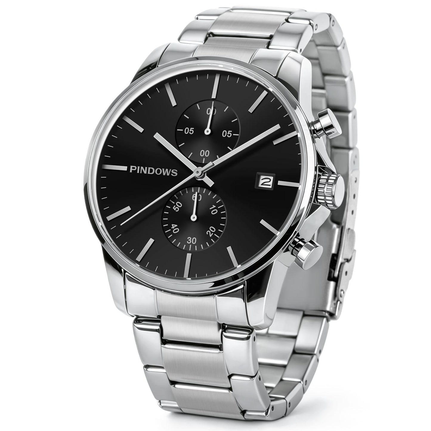 HOTPINDOWS Men's Black Minimalist Watch Stainless Steel Chronograph, Date | 3ATM water resistant; Adjustable metal bracelet with sizing tool; Perfect for business & casual wear; Clear calendar