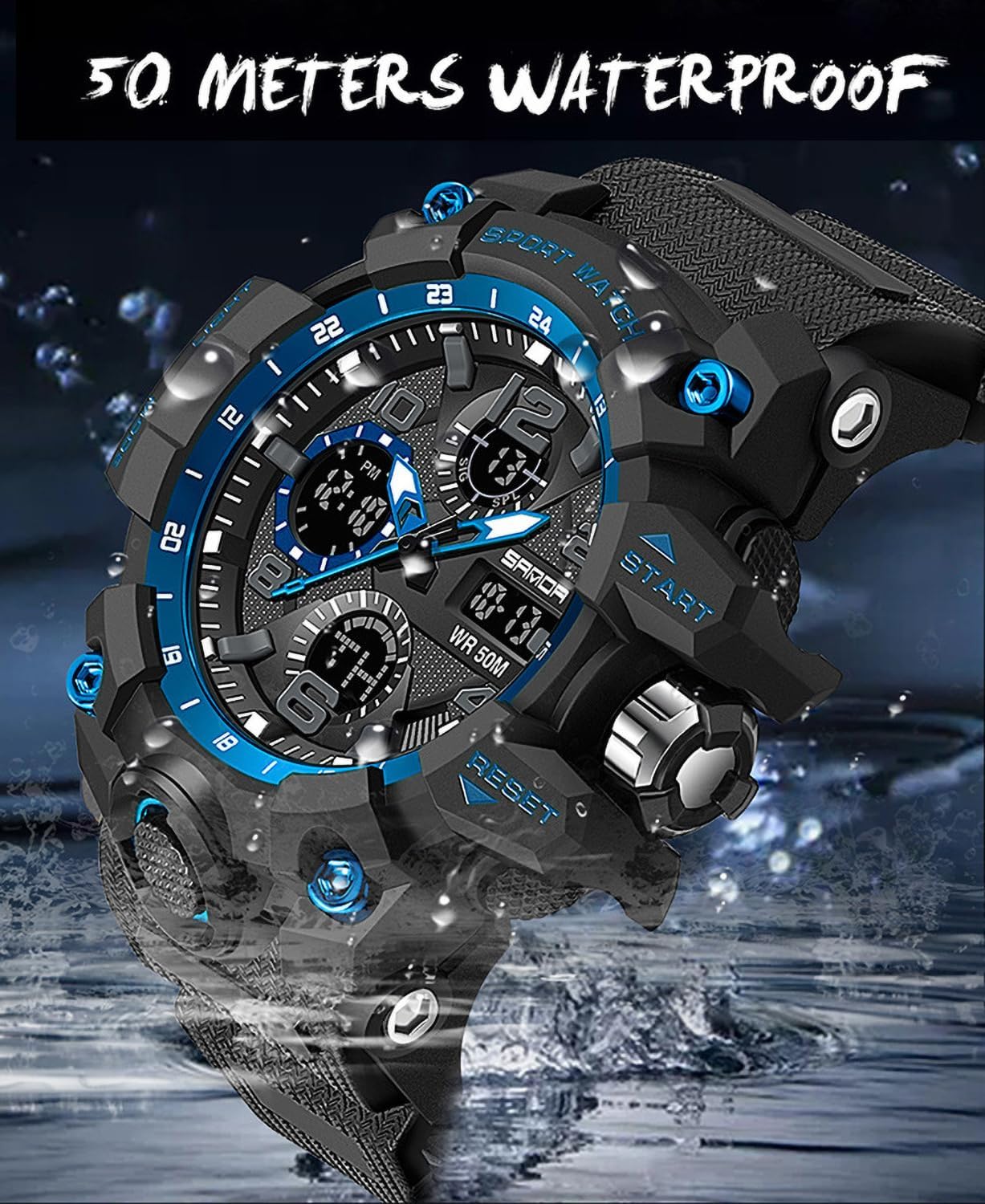 HOTWaterproof Sports Watch for Men with Night Light, Dual Display Analog Digital Outdoor Swimming Surfing Military Tactics Wrist Watch Alarm Stopwatch