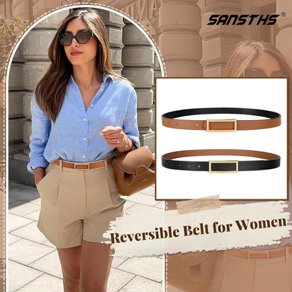 HOTSANSTHS Skinny Reversible Belts for Women, Two-in-one Women Thin Belt for Dresses Jeans Pants with Gold Buckle