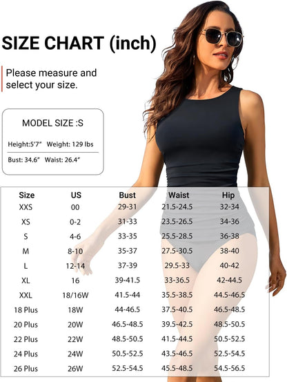 HOTDaci Tankini Tops for Women Tummy Control Swim Top Only | High Neck, Ruched Front, Full Coverage, Removable Pads, No Bottom, Soft Stretch Fabric, Fully Lined, Beach and Water Sports