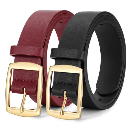 HOTWERFORU 2 Pack Women Leather Belts for Jeans Pants Fashion Leather Belts for Women Waistband with Gold Pin Buckle