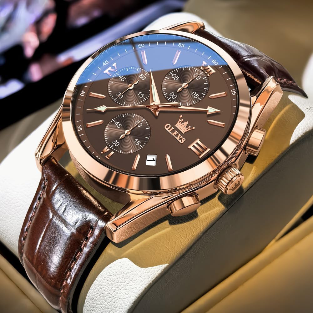 HOTOLEVS Men's Watches Brown Leather with Date,Casual Watches for Men,Large Face Watches Men,Chronograph Mens Watch,Sport Waterproof Business Dress Analog Quartz Men's Wrist Watches Reloj De Hombre
