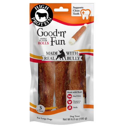 HOTGood 'n' Fun Rolls Long-Lasting Dog Treat, For Large Dogs, With Real Proteins, Beef Hide and Premium Chicken, Supports Dental Health, Mental Stimulation, 6 count