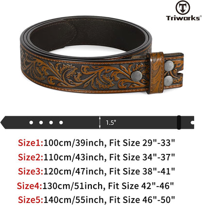 HOTTRIWORKS Western Belt Strap for Men without Buckle 1.5" Wide Floral Engraved Embossed Leather Belt Strap