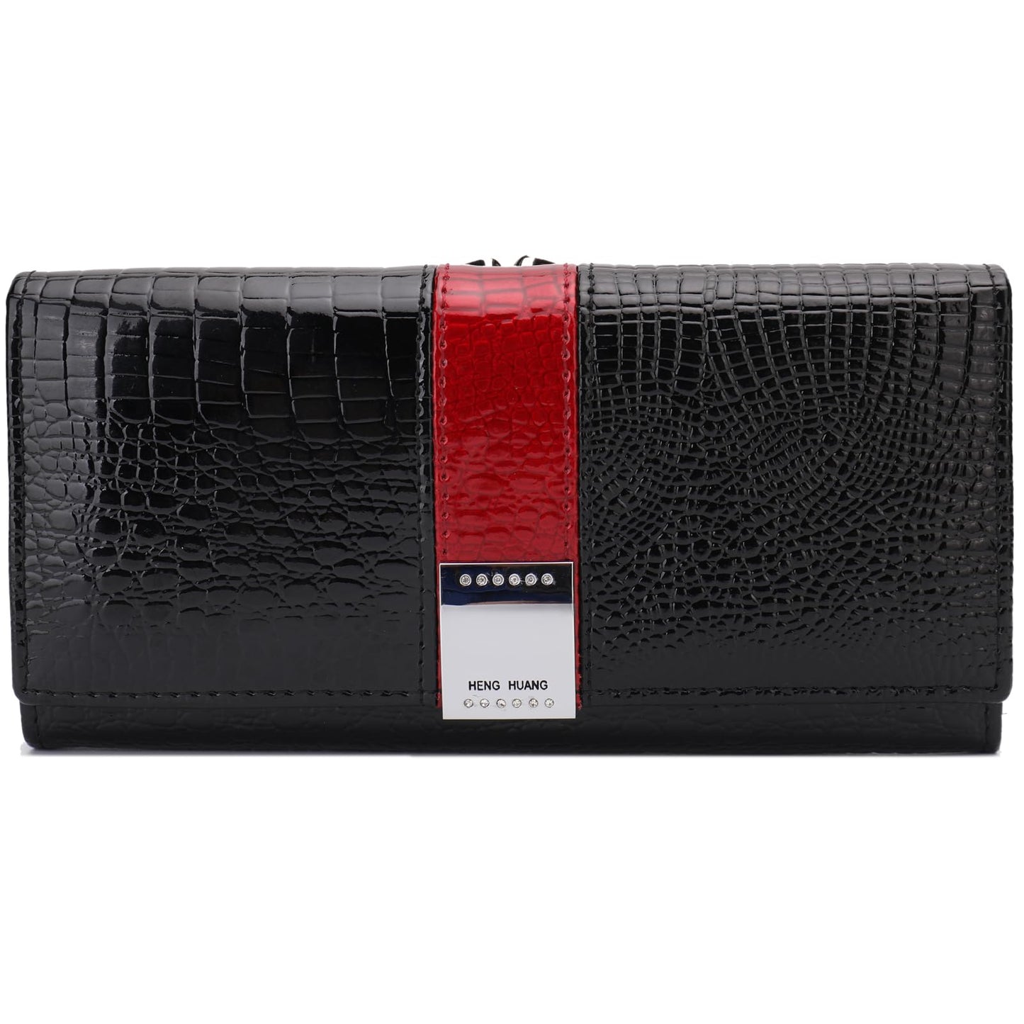 HOTWomen's Long Leather Wallet, Black Burgundy Multi-Color | Credit Card Purse, Trifold, Genuine Leather, Clutch