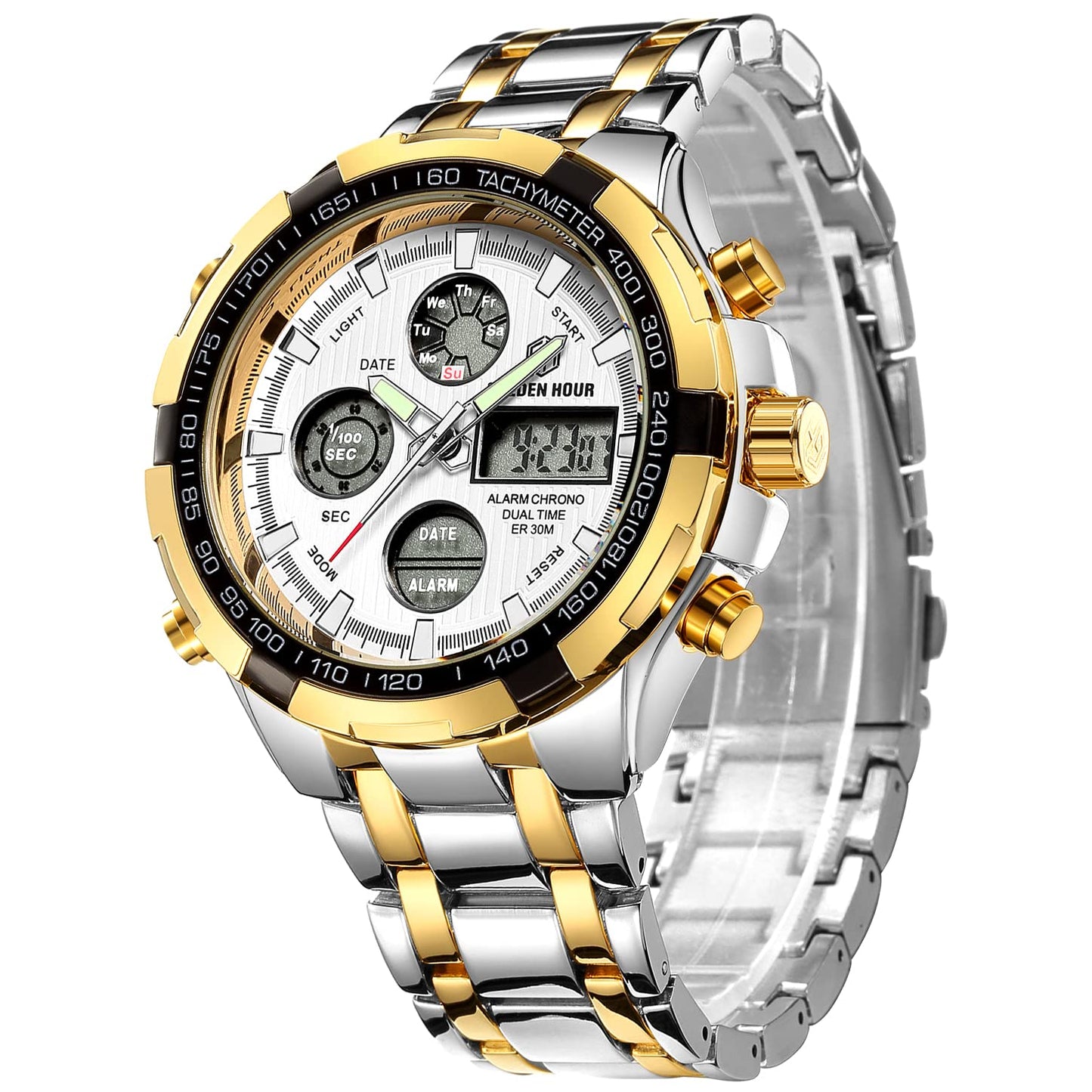 HOTGOLDEN HOUR Luxury Stainless Steel Analog Digital Watches for Men Male Outdoor Sport Waterproof Big Heavy Wristwatch