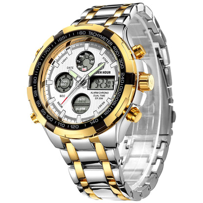 HOTGOLDEN HOUR Luxury Stainless Steel Analog Digital Watches for Men Male Outdoor Sport Waterproof Big Heavy Wristwatch