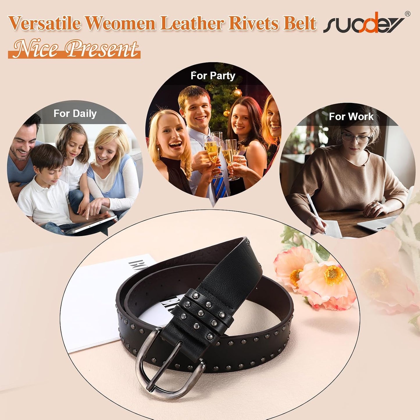 HOTSUOSDEY Women Leather Rivets Belts for Jeans Pants Dresses Studded Leather Belts with Silver Buckle