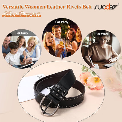 HOTSUOSDEY Women Leather Rivets Belts for Jeans Pants Dresses Studded Leather Belts with Silver Buckle