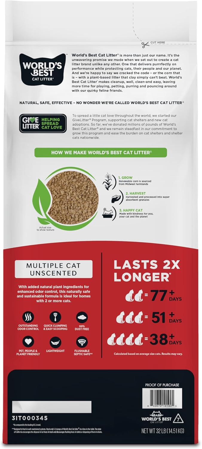 HOTWorld's Best Cat Litter, Multiple Cat, Unscented, Odor Control, 32 lb Bag