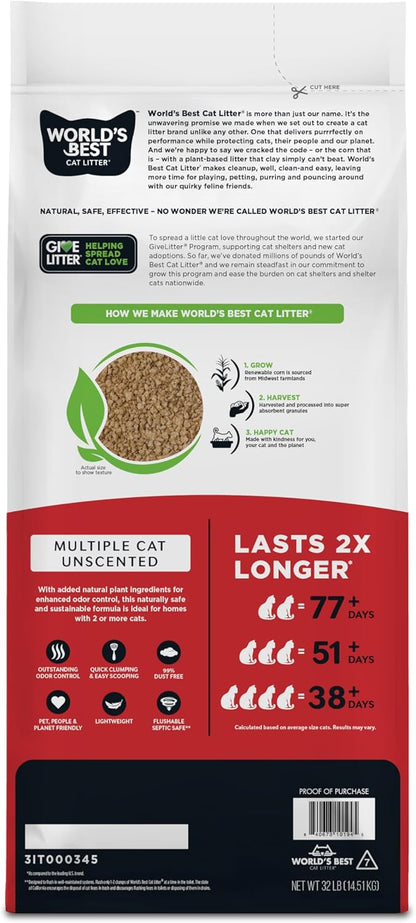 HOTWorld's Best Cat Litter, Multiple Cat, Unscented, Odor Control, 32 lb Bag