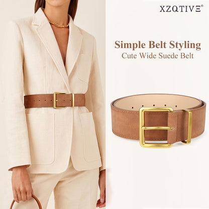 HOTXZQTIVE Women Wide Chunky Belt for Dresses Fashion Thick Suede Belt with Gold Buckle