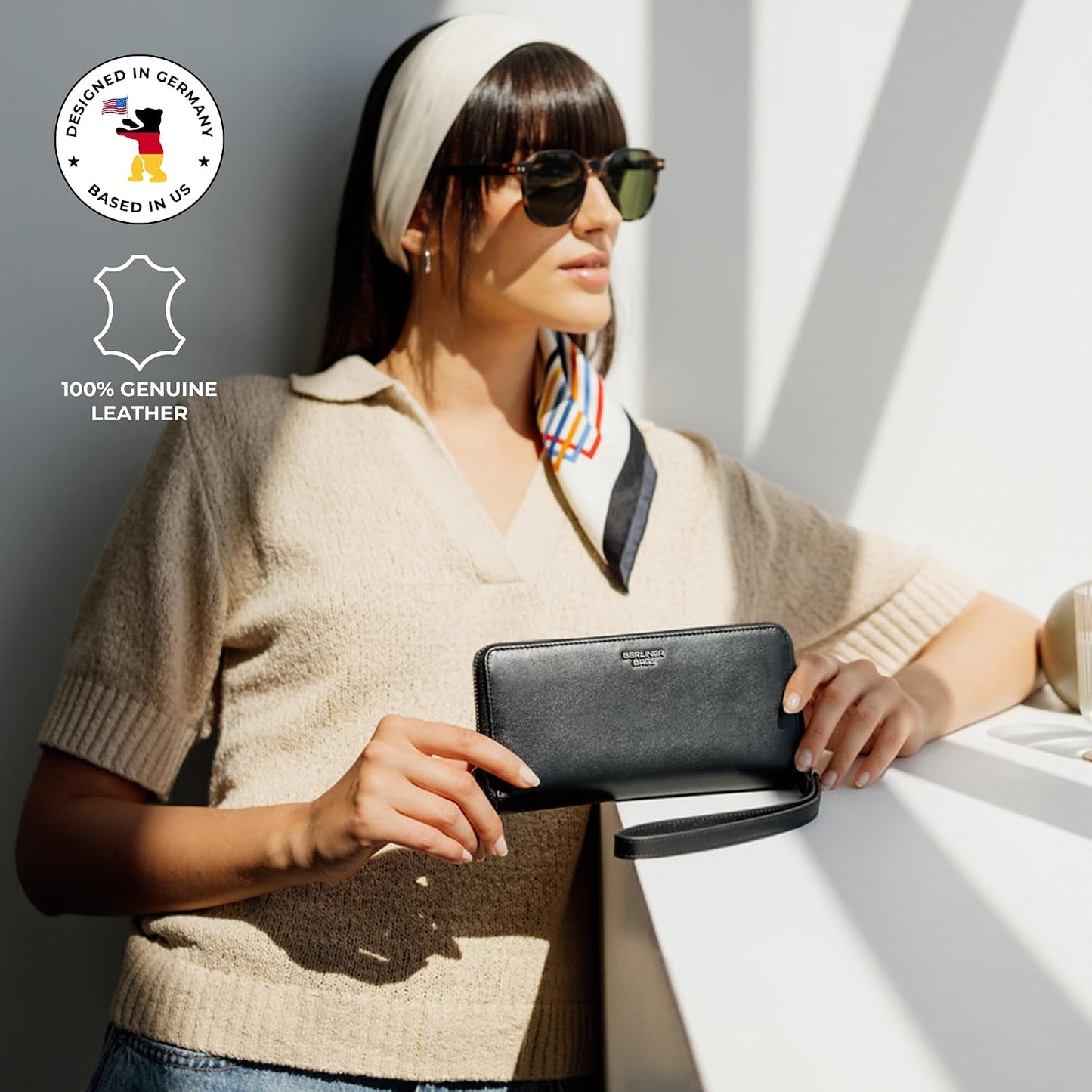 HOTBERLINER BAGS Genuine Leather Zip Wallet Women Lyon, Gift Box – Black | Soft Leather Zip Around Wallet, Fits up to Phone 6.9", 15 Card Slots, 1 ID Window, 3 Bill Slots, 1 Coin Pocket, RFID Blocking