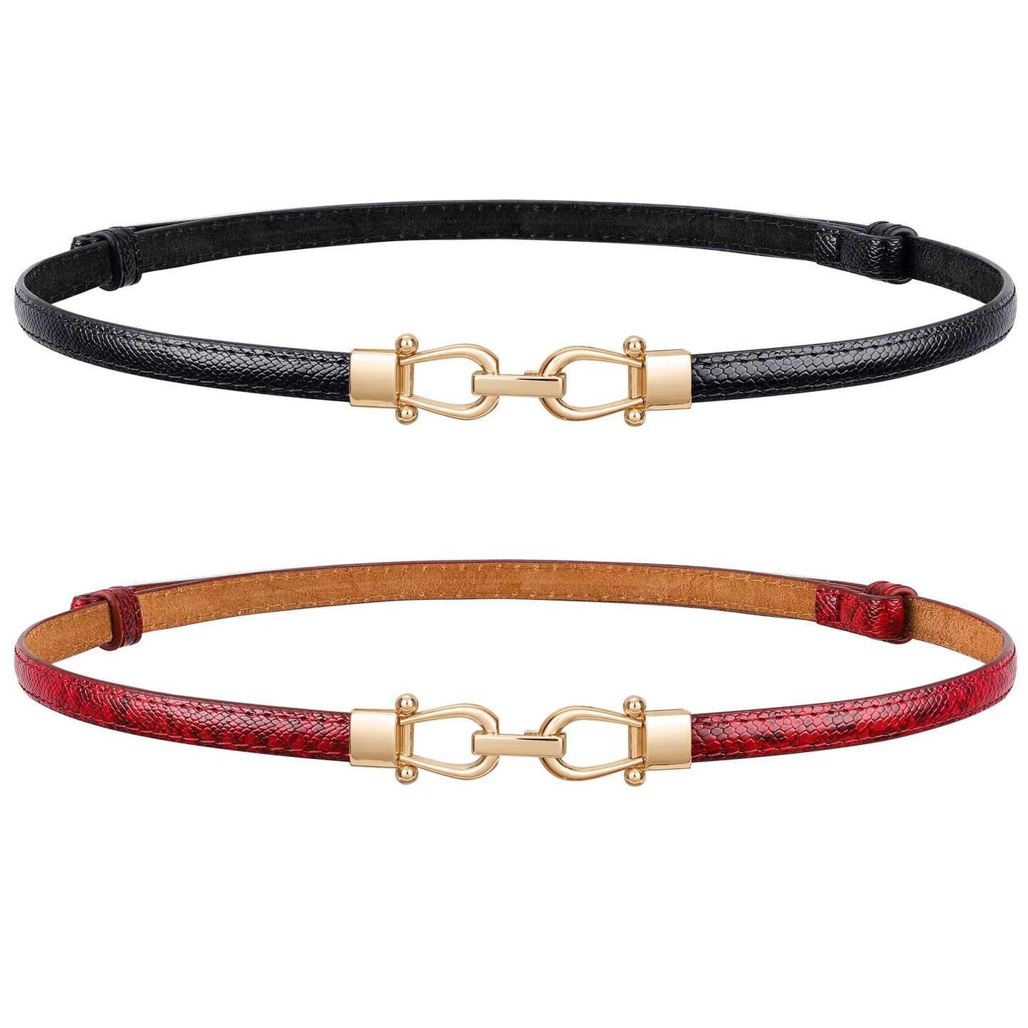 HOTJASGOOD Leather Skinny Belts for Women Plus Size Ladies Thin Waist Belts Adjustable for Jeans Pants Dresses with Gold Buckle