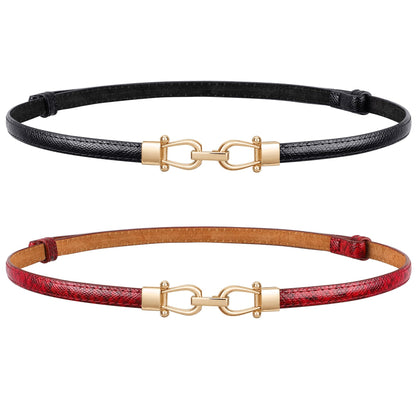 HOTJASGOOD Leather Skinny Belts for Women Plus Size Ladies Thin Waist Belts Adjustable for Jeans Pants Dresses with Gold Buckle