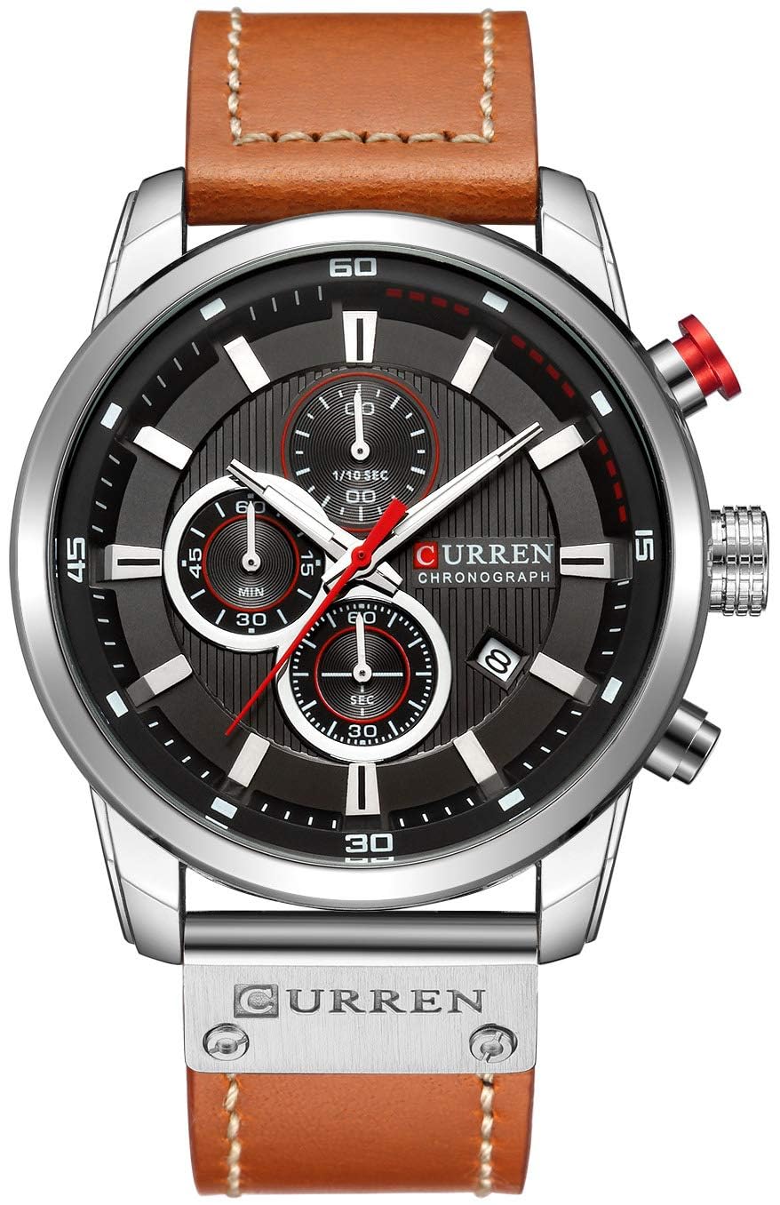 HOTFANMIS Mens Sport Military Analog Quartz Watch Chronograph Classic Casual Business Dress Waterproof Watch Multifunctional Wristwatch with Leather Strap