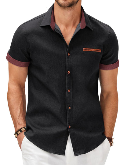 HOTCOOFANDY Men's Cotton Casual Short Sleeve Button Down Shirt Plaid Collar Denim Work Shirts