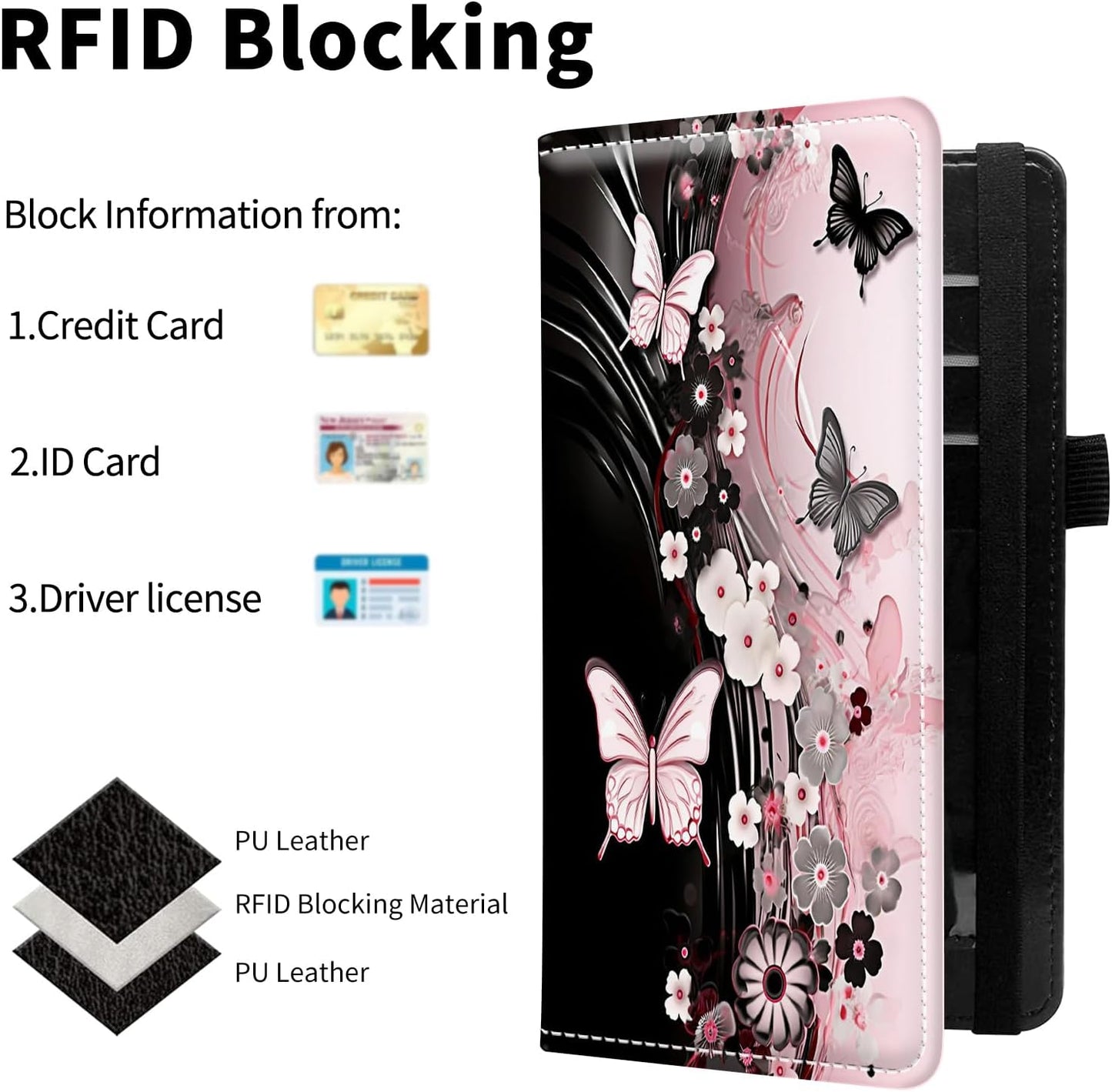 HOTLeather Checkbook Covers for Personal Checkbook Check book Holder Cover Wallets for Women Men,RFID-Blocking Slim Checkbook Cover for Duplicate Checks with Elastic Strap,Flowers Dancing Butterflies