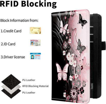 HOTLeather Checkbook Covers for Personal Checkbook Check book Holder Cover Wallets for Women Men,RFID-Blocking Slim Checkbook Cover for Duplicate Checks with Elastic Strap,Flowers Dancing Butterflies