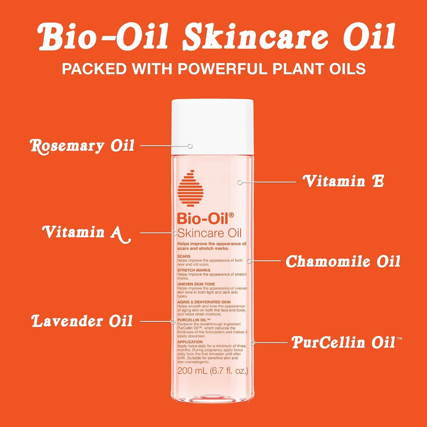 HOTBio-Oil Skincare Body Oil Serum, Scars & Stretch Marks, 6.7 fl oz | Dermatologist Recommended, Vitamin E & A, Dry & Sensitive Skin, Non-Comedogenic, Face and Body, Scar Treatment