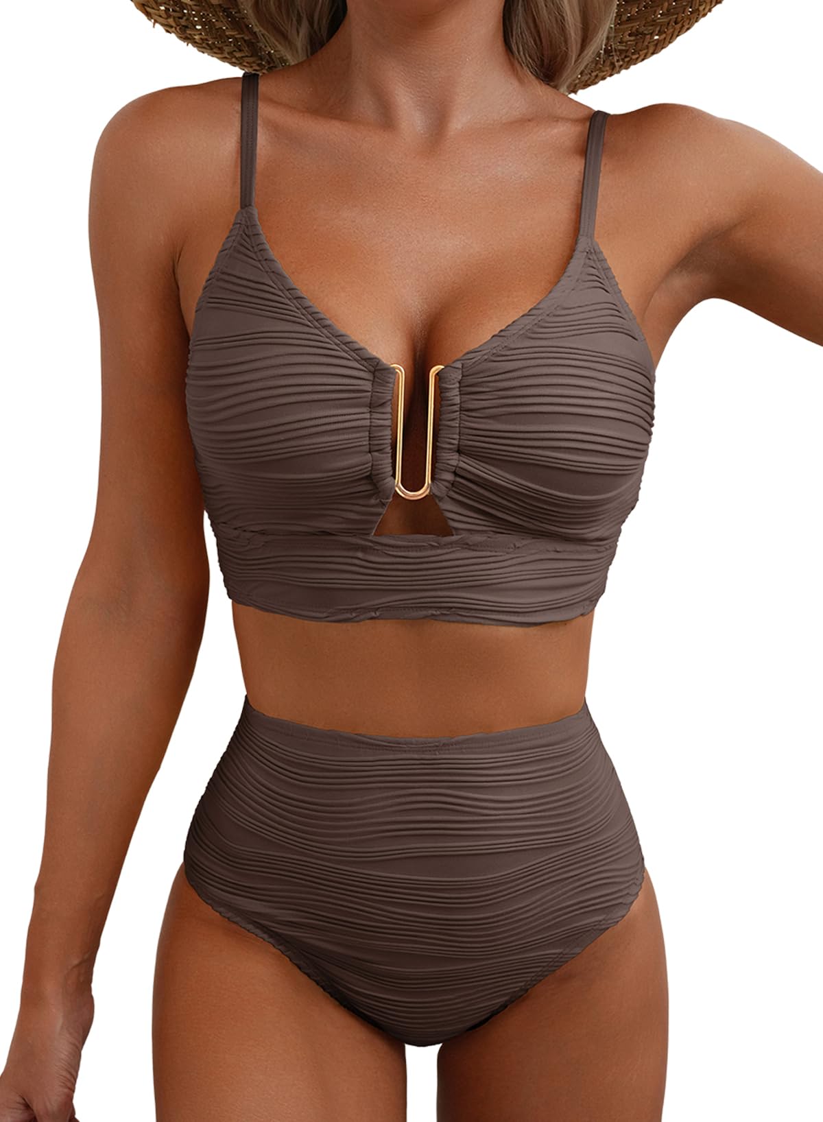 HOTHerseas 2 Piece Bikini Set U-Wire Cutout Popular Swimsuit High Waisted Textured 2026 Summer Beach Swim Bathing Suits