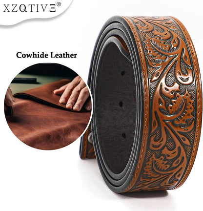 HOTXZQTIVE Women Men Western Belt Vintage Country Belts For Cowgirl Cowboys Genuine Leather Belt with Silver Diamond Buckle