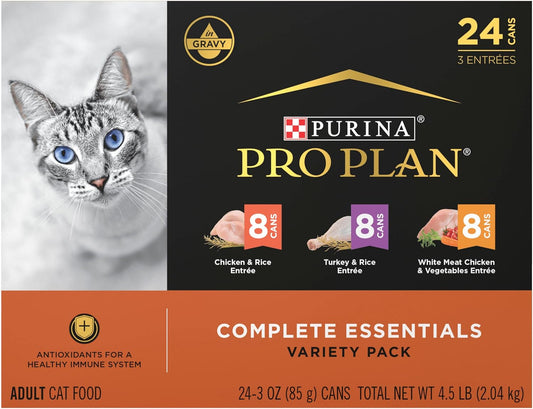 HOTPurina Pro Plan Gravy, High Protein Wet Cat Food Variety Pack, Complete Essentials Chicken and Turkey Favorites - (Pack of 24) 3 oz. Cans