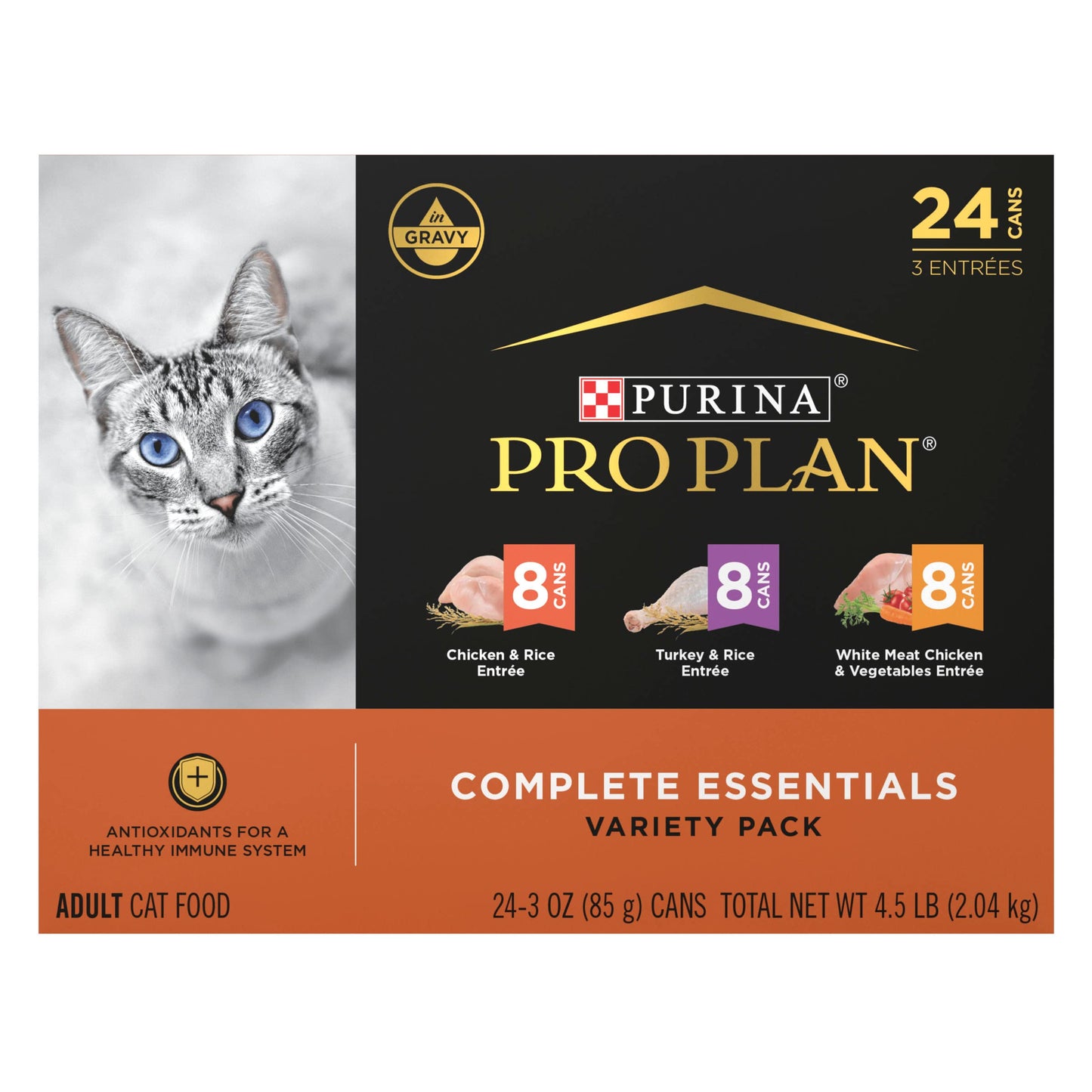 HOTPurina Pro Plan Gravy, High Protein Wet Cat Food Variety Pack, Complete Essentials Chicken and Turkey Favorites - (Pack of 24) 3 oz. Cans