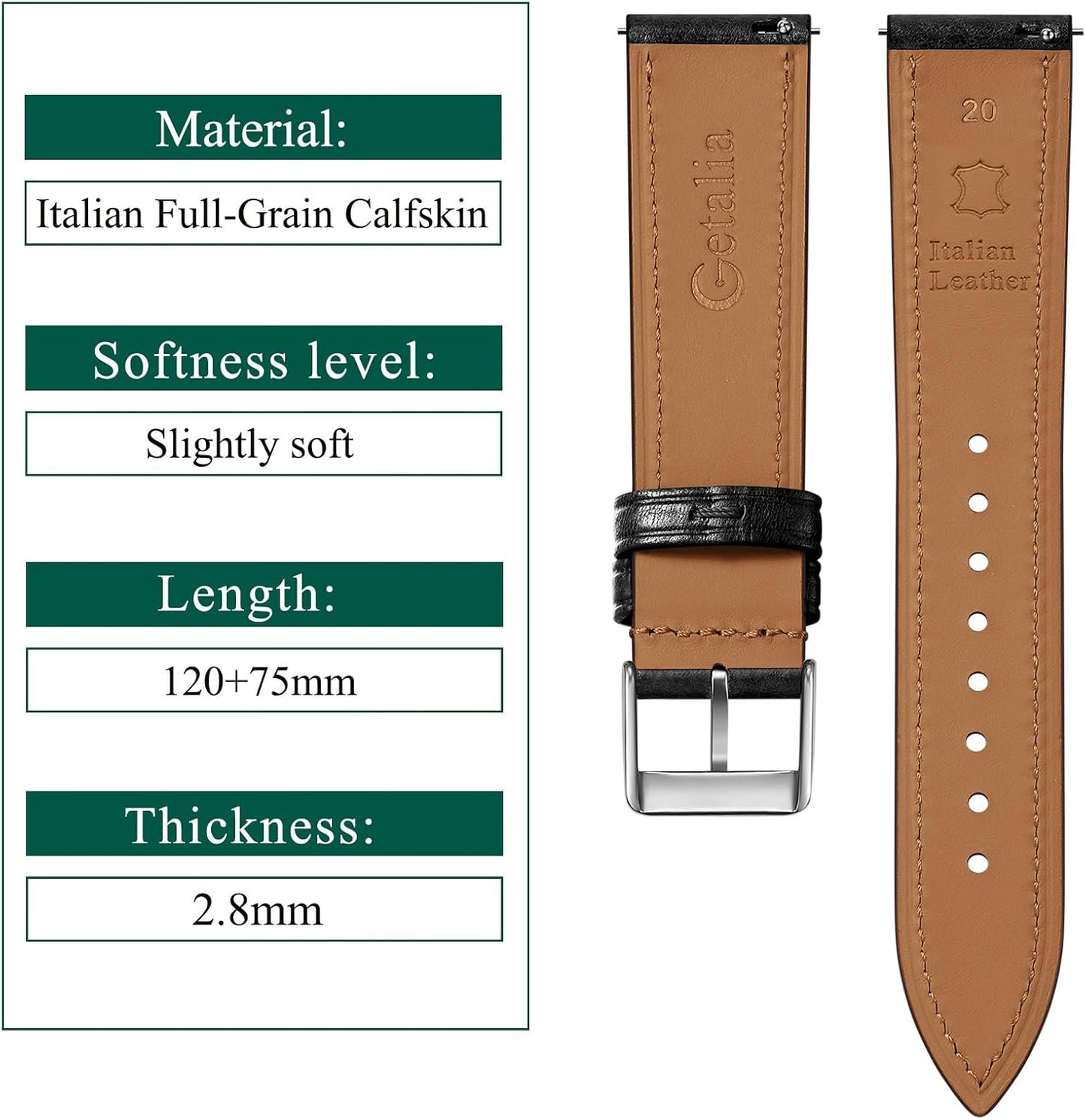 HOTGetalia Italian leather Watch Band Tuscany Natural Vegetable-Tanned Full Grain Genuine Leather,18mm 19mm 20mm 21mm 22mm Quick Release Replacement Watch Straps for Men and Women Thin and Soft