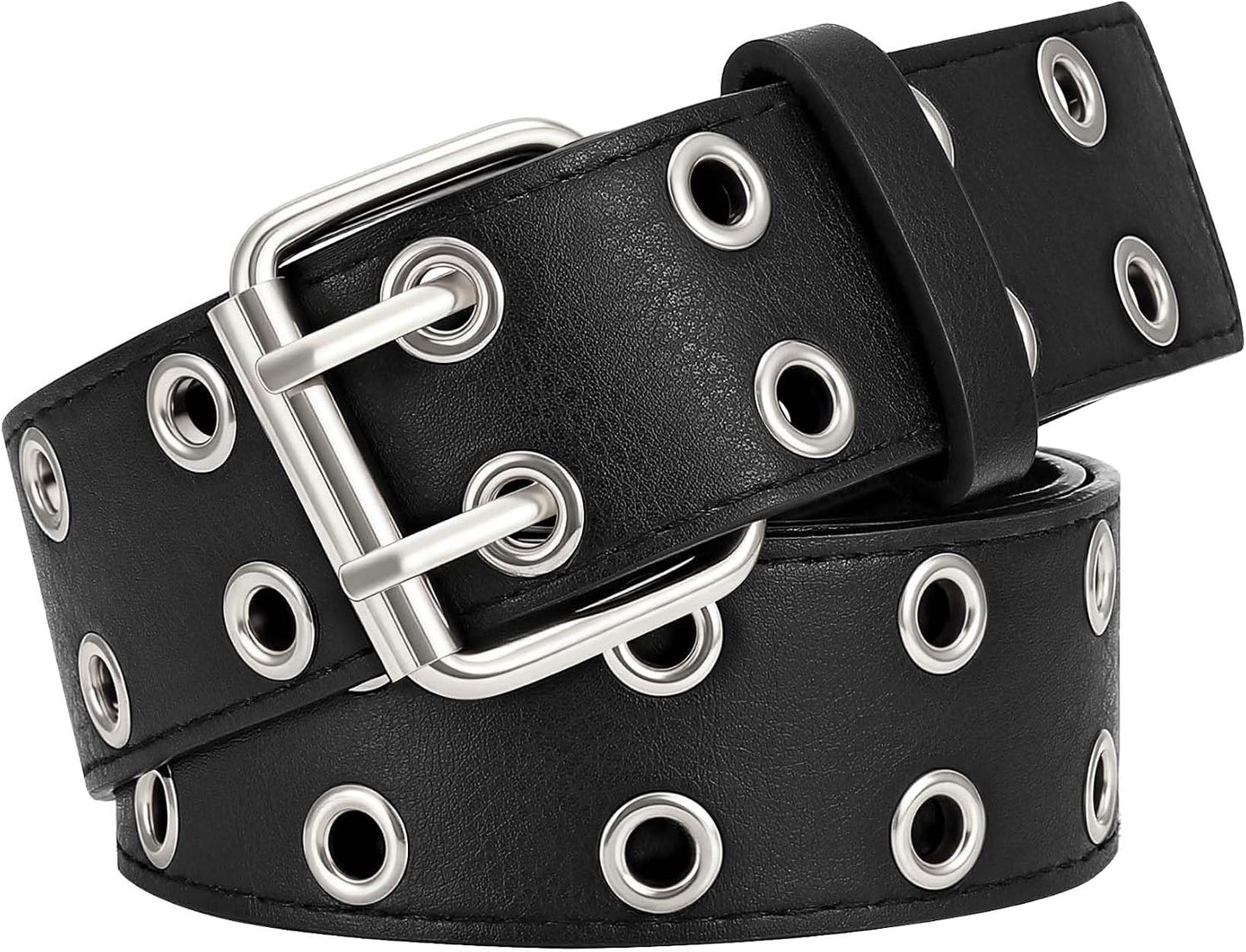 HOTXZQTIVE Double Grommet PU Leather Belt for Women Men Punk metal Jean Belt Wide 1.5 Inch