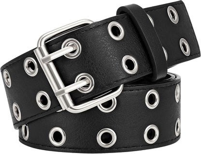HOTXZQTIVE Double Grommet PU Leather Belt for Women Men Punk metal Jean Belt Wide 1.5 Inch