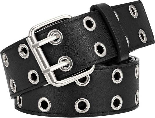HOTXZQTIVE Double Grommet PU Leather Belt for Women Men Punk metal Jean Belt Wide 1.5 Inch
