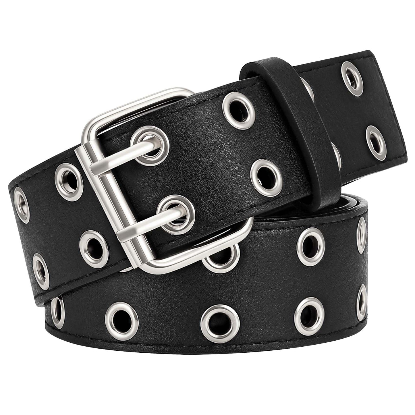 HOTXZQTIVE Double Grommet PU Leather Belt for Women Men Punk metal Jean Belt Wide 1.5 Inch