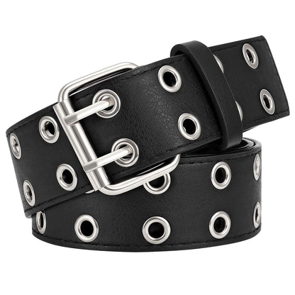 HOTXZQTIVE Double Grommet PU Leather Belt for Women Men Punk metal Jean Belt Wide 1.5 Inch